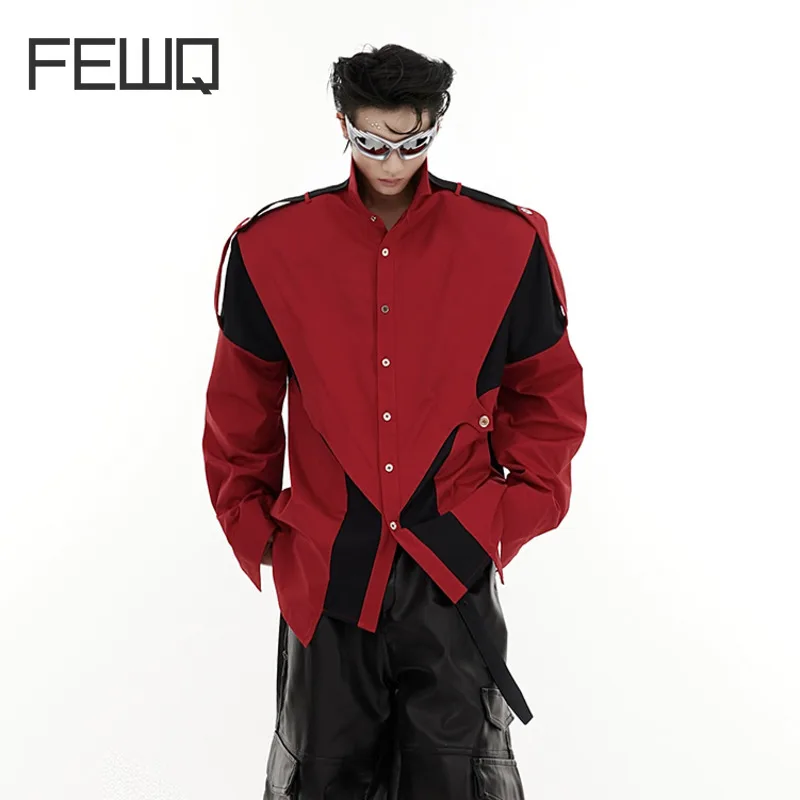 

FEWQ Shoulder Pad Tops Men's Shirts Niche Design Splicing Contrast Color Metal Split Cardigan Trend Loose Casual Clothing 9C1701