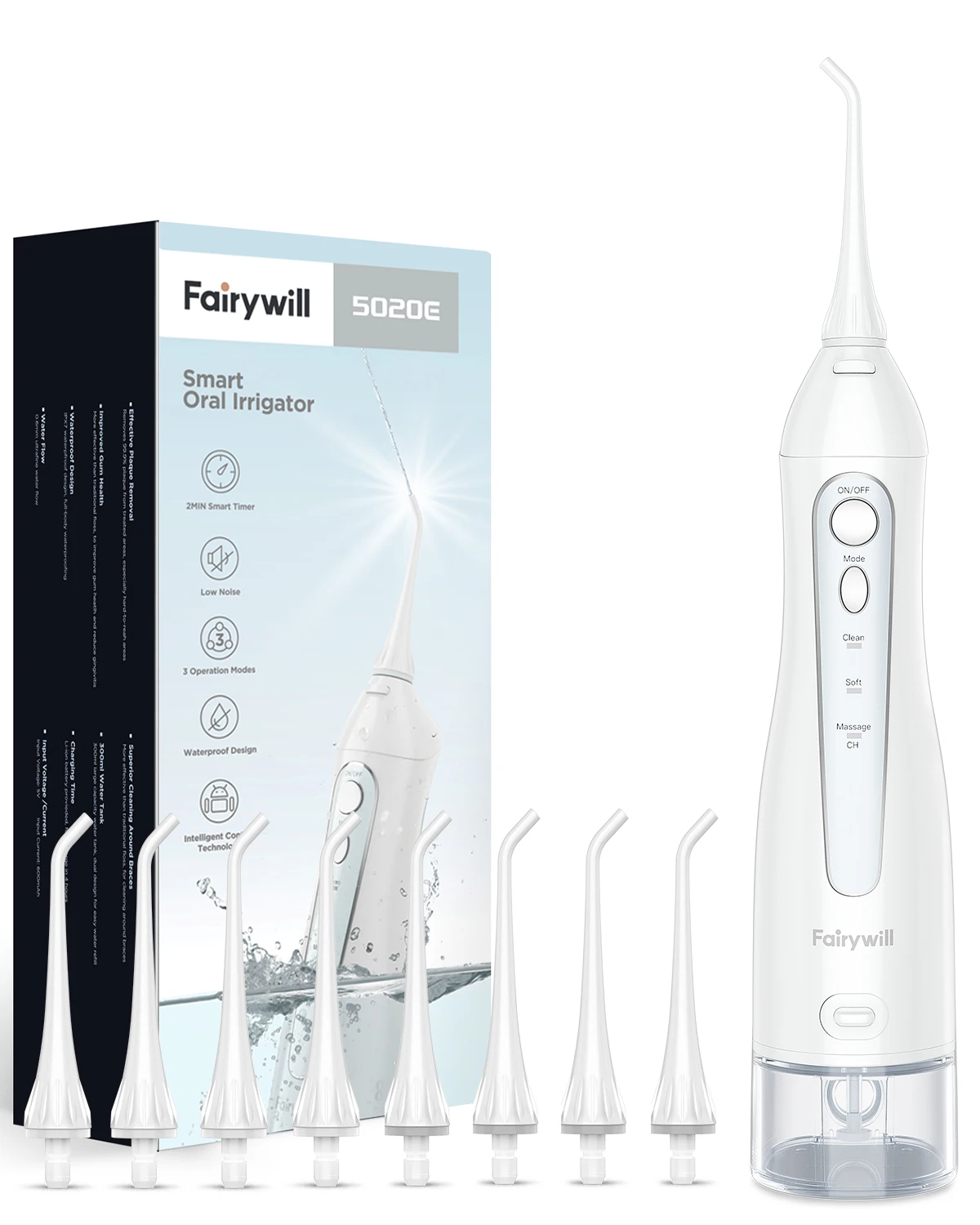 Fairywill Water Flossers for Teeth 300ML Oral Irrigator Rechargeable Portable Dental 3 Modes Water Tank Waterproof Teeth Cleaner 12