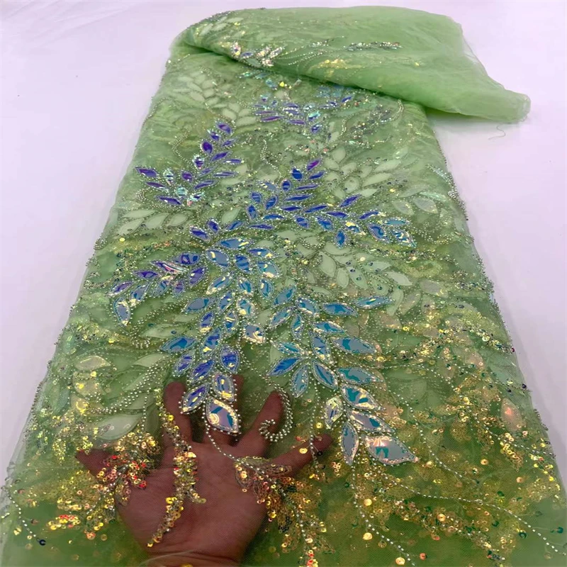  Luxury 2022 Women\'s Sewing Material 5 Yards High Quality Sequins/beads Embroidery Nigerian Lace Fabric For Party Dress CD-375