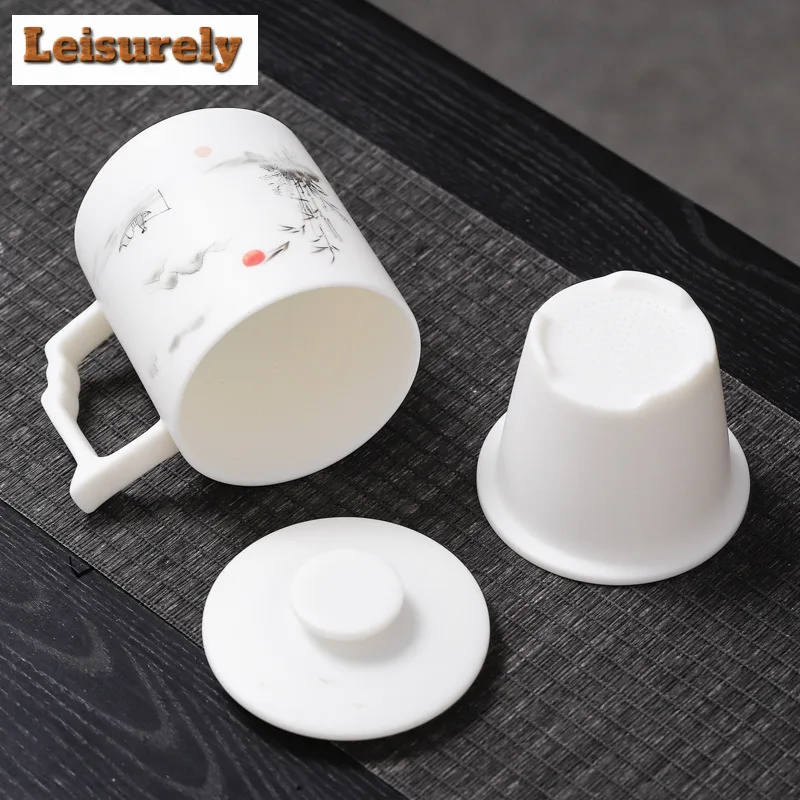 350ml Hand-painted Biscuit Firing Mutton Fat Jade Porcelain Filter Tea Separator Cup Tea Mug With Infuser Tea Brewing Water Cup