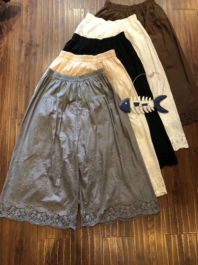 carhartt pants summer Vintage cotton embroidery flowers Wide leg pants Female lolita sweet RV454 capri pants