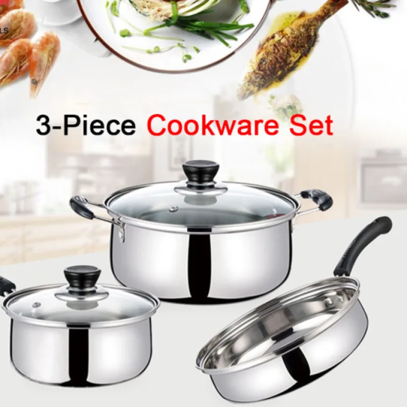 Stainless Steel Pot Frying Pans Set Pressure Cooker Braised Cooking Pot Soup Kitchen Cookware 3PCS non stick frying pan non stick cookware set