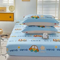 Cute Cartoon Car Fitted Sheet with 2 Pillow Case Cotton Lovely Vehicle Cars Bed Sheet Set for Kids Boys Light Blue Bed Cover 4