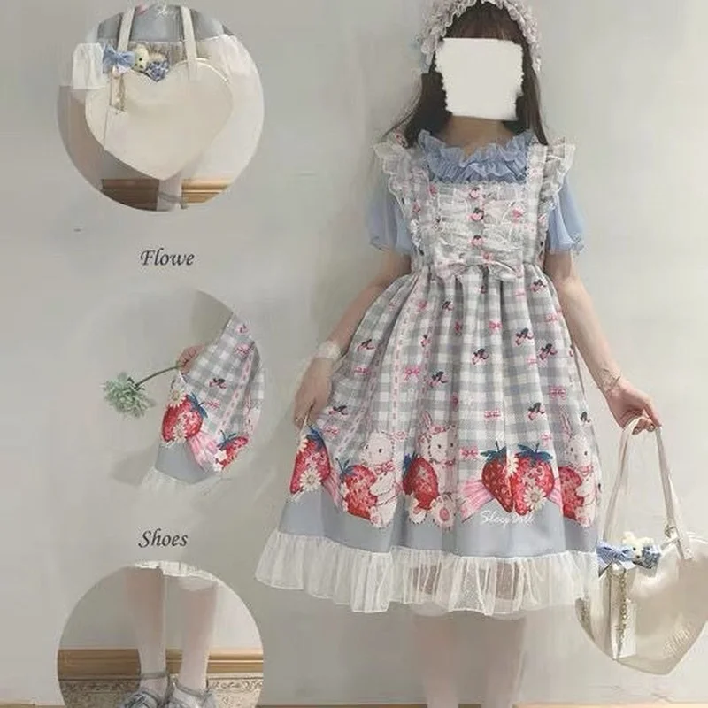 

Pink Sweet Lolita Skirt Rabbit Strawberry Plaid Print Retro Lace Sling Dress Pink Lolita Dress Kawaii Japanese Strawberry Lolita