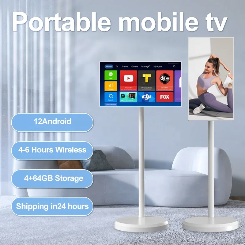 Free Standing Tv 21.5 Inch Touch Screen Portable Tv Smart Mobile Display Rechargeable 360 Rotating Stand Wireless Television