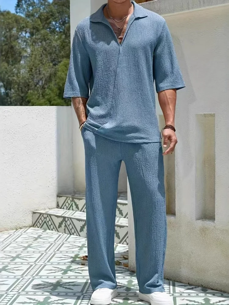 2025 New Spring summer Men's retro casual suit collar solid color half-sleeved shirt loose drawstring pants Two-piece beach Suit 4