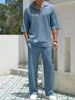 2025 New Spring summer Men's retro casual suit collar solid color half-sleeved shirt loose drawstring pants Two-piece beach Suit 4