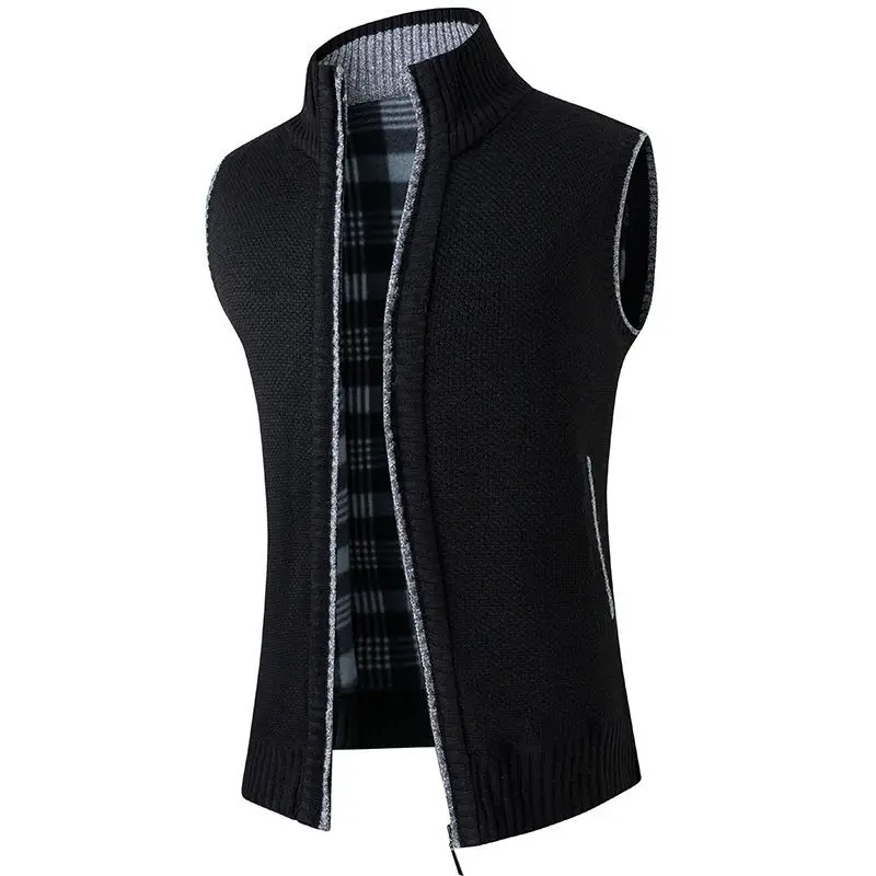2023 Autumn Winter New Solid Color Fashion Stand Collar Sleeveless Tank Top Man Casual Loose Zipper Pockets Warm Knitting Vest 2