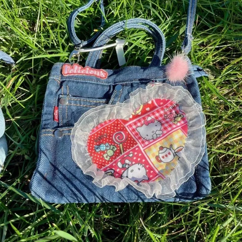 MBTI Y2k Hello Kitty Shoulder Bag for Women Vintage Denim Small Patchwork Love Heart Handbag Lace College Style New Armpit Bag