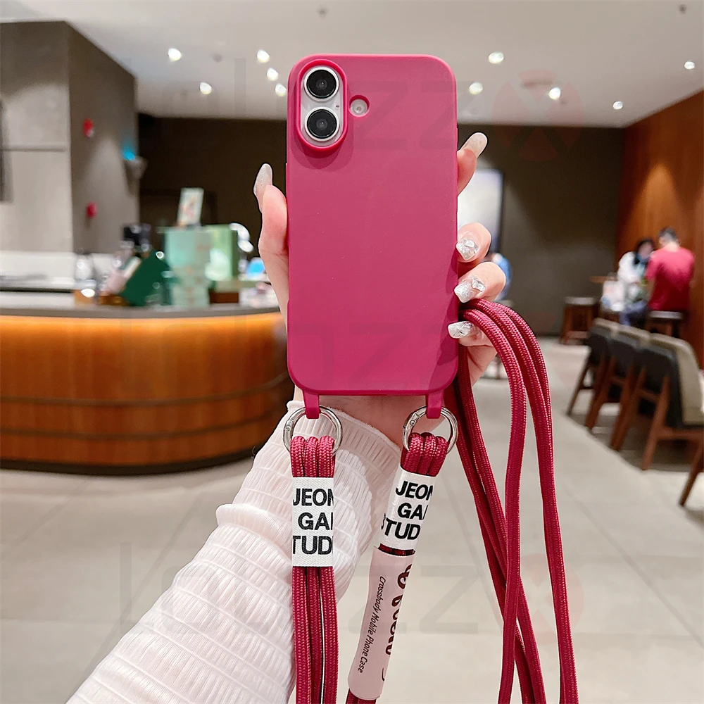 Crossbody Necklace Strap Cord Matte Soft Phone Case For iPhone 16 15 Pro Max 14 Plus 13 12 11 Liquid Silicone Shockproof Cover_voghion.com