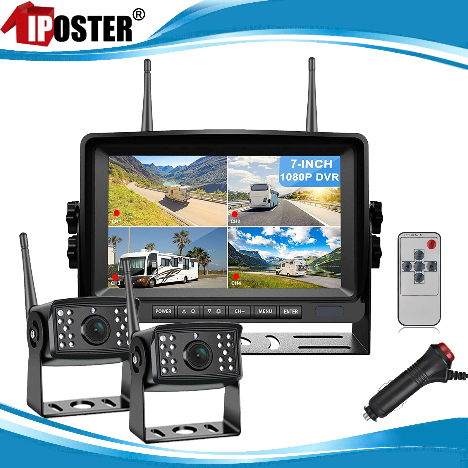 

iPoster 7 Inch Wireless Quad Monitor Built-in DVR Loop Recording+2x Reversing Backup Cameras 50-100m For Truck Bus Trailer