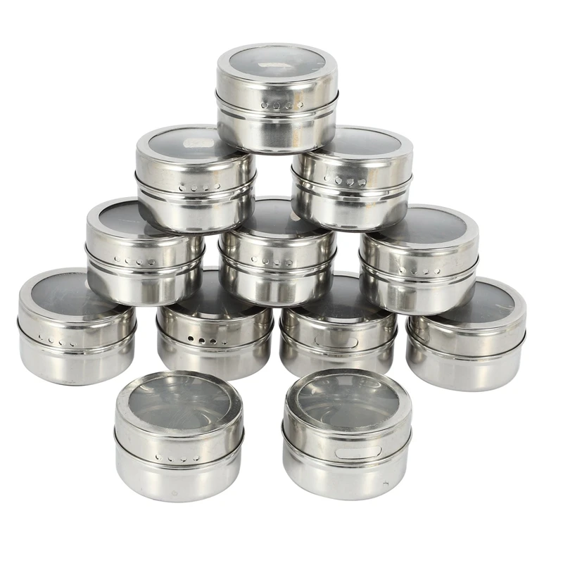 Nhbr12pcs/set Clear Lid Spice Tin Jar Stainless Steel Spice