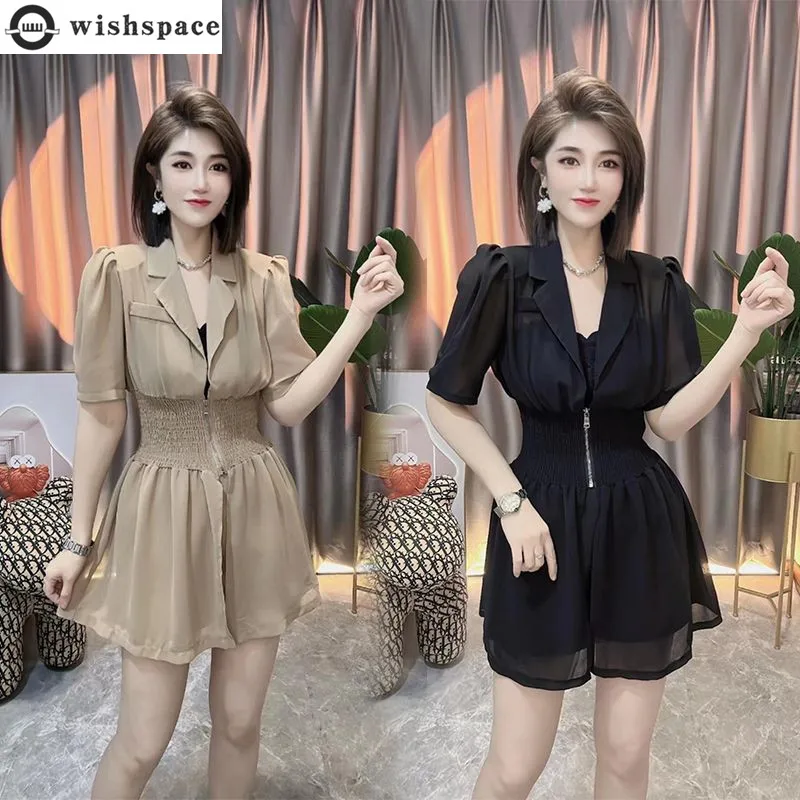 Summer New Fashion Set Short Sleeved Suit Collar Waist Waist Slimming Top Zipper Design Shorts Two Piece Set for Women