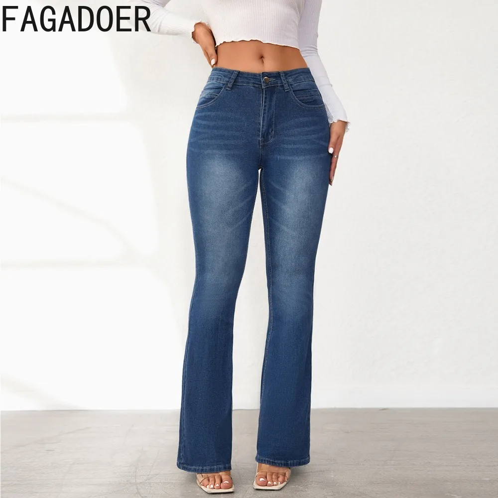 

FAGADOER New Jeans Women Vintage Streetwear Water Wash Denim Stretchy Bell Bottoms High Waist Casual Pants Women Wide Leg Pants