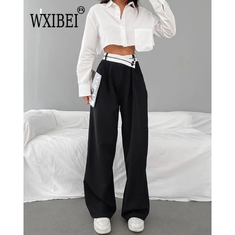 

WXIBEI Patchwork Wide Leg Pants Women Black Contrast Casual High Waist Pant Spring Summer 2023 Baggy Trouser Office Ladies FC889