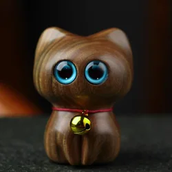 Miniature Decoration home Green sandalwood carving Elegant cat solid wood animal cartoon household car cute kitten wooden cat