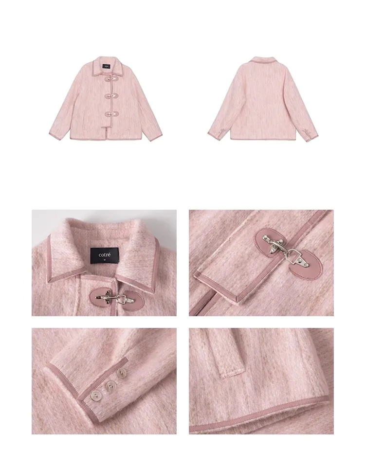 Fashion Sweet Cute Pink Long Woolen Lapel Women's Coat 2023 Autumn Winter French Style New Metal Buckle Cardigan Top