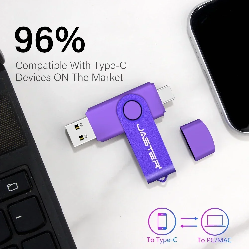 JASTER TYPE-C USB Stick Purple USB 2.0 Flash Drives 64GB OTG Key Chain Pen Drive High Speed Pendrive for Mobile Phone 32GB 16GB