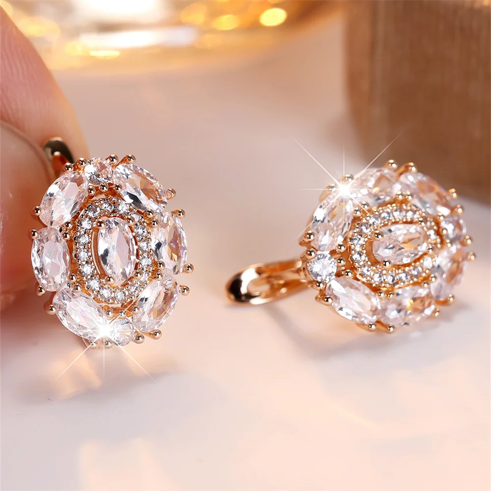 Luxury Crystal Oval Stone White Zircon Hoop Earrings For Women Vintage Gold Color Ear Buckle Wedding Jewelry Versatile Gifts