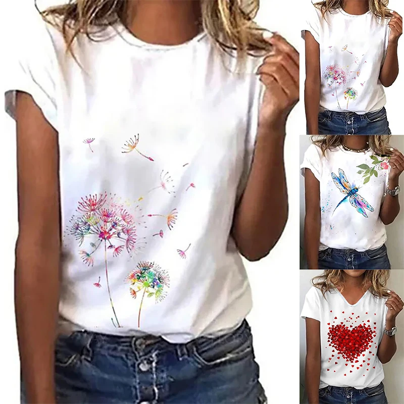 

2022 Summer Elegant Women's Tee Shirts Round Neck Short Sleeves Fational Dragonfly Printed Loosen Oversized Tops New Plus Size