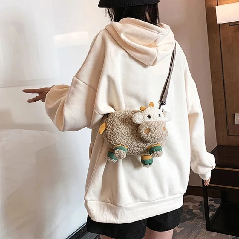 Lovely Cartoon Cow Shape Faux Fur Messenger Bags Kid Bag Cattle Crossbody Bags Small Handbags Coin Bag Purse Women'S Bag