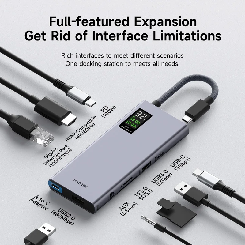 Hagibis-hub Usb c com Ecrã Lcd Adaptador Multiportas tipo c Compatível com 4k Hdmi 100w pd Ethernet Gigabit para Macbook Pro Ipad hp - Imagem 2