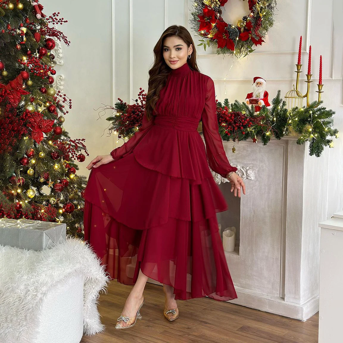 

OEING Halter Luxury Formal Evening Dresses Pleat Tiered Long Sleeves فساتين سهرة Floor Length Elegant Prom Gowns Party Women