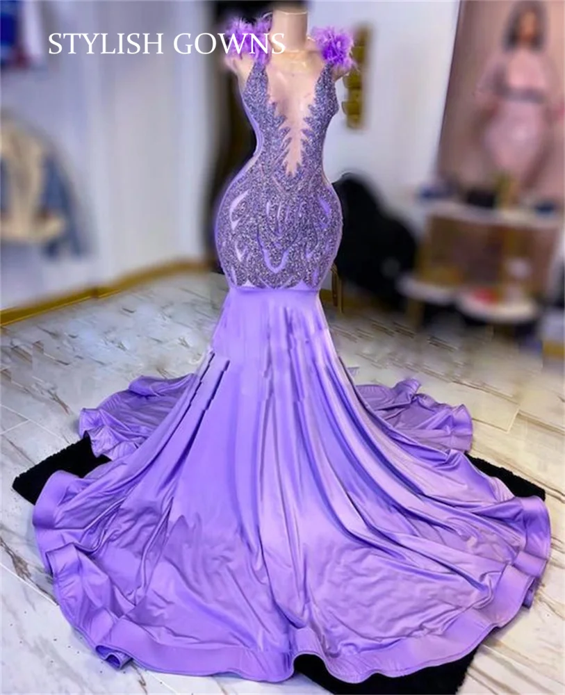 

Purple O Neck Evening Dresses For Black Girls Feathers Birthday Party Gowns Mermaid Beaded Crystal Long Prom Dresses Robe De Bal