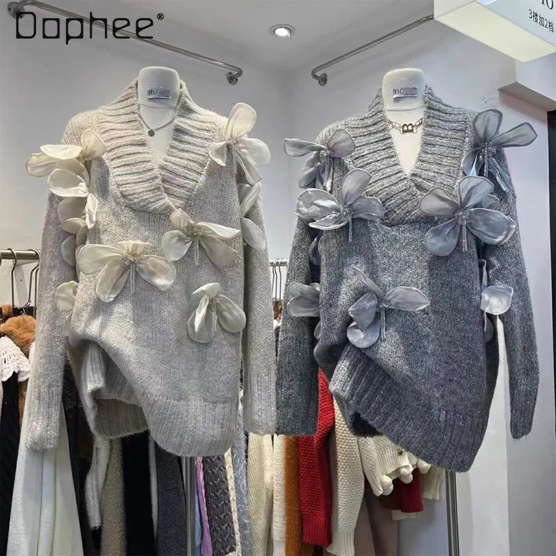 

Women's Beaded Three-Dimensional Flower Knitted Sweater Autumn and Winter 2023 New Korean Style Loose Long Sleeve Knitted Top