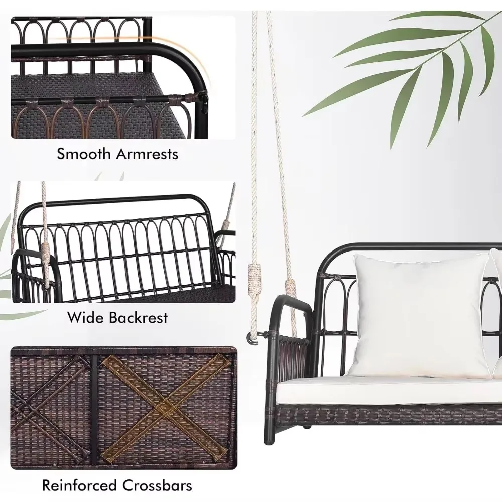 Wicker Porch Swing, 2-Person Outdoor Patio Hanging Chair with Cushions, Metal Frame, Hanging Swing Bench with Ropes 4