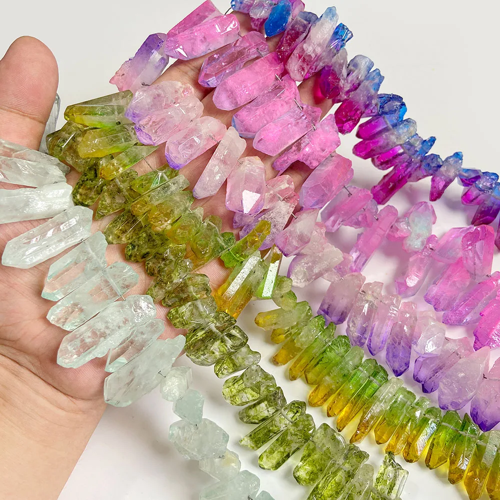Natural Quartz Crystal Point Beads Top Drilled Raw Crystal Stick Point Loose Beads for DIY necklace crown Jewelry Making 15inch