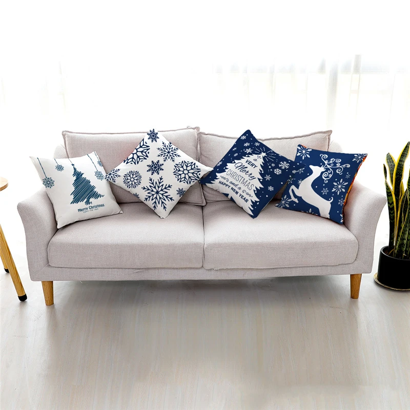 

45cm Deep Blue White Winter Christmas Pillowcase Xmas Ornaments Sofa Pillow Cover Merry Christmas Decor Home Car Cushion Cover