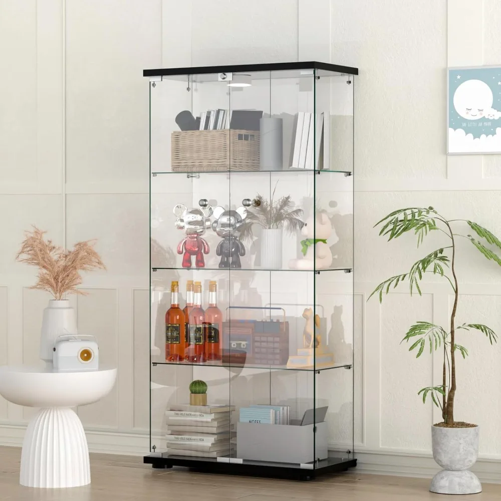 

Glass Display Cabinet with LED Sliding Lights, 4-Shelf Rare Cabinet, 2-Door Tempered Glass, Floor Standing Bookcase