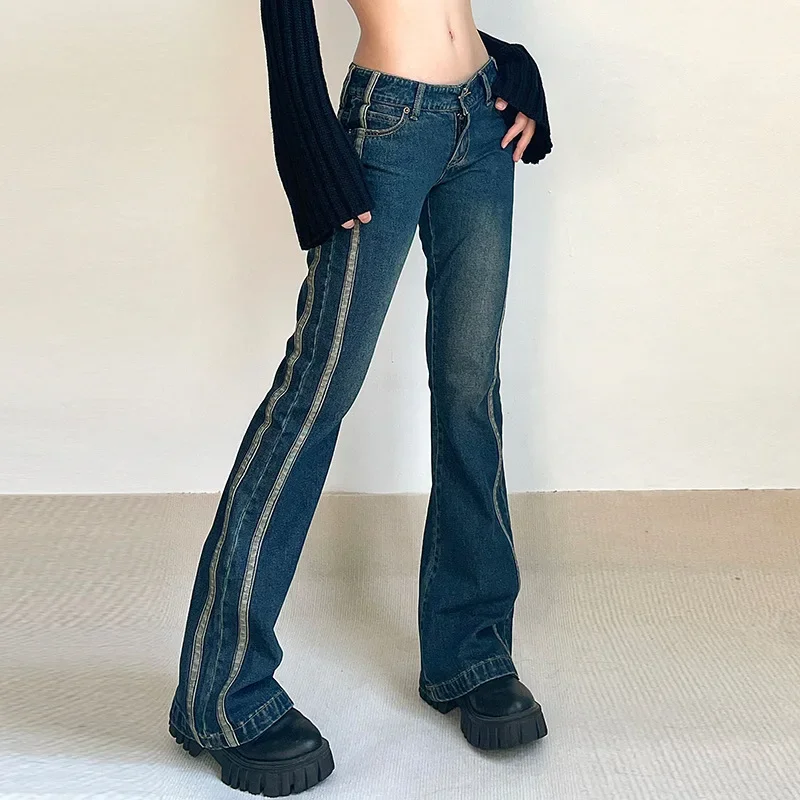 Vintage Jeans for Women Aesthetic Low Rise Flare Pants Fashion Cyber Y2k Streetwear Denim Trousers Femme Retro Korean spring women s slim fit jeans vintage micro flared pants wash whitening make old trousers mid rise jeans plus size pants