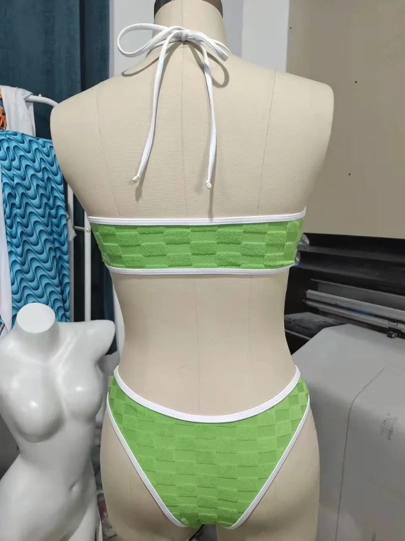 Newest Sexy 2 Piecs Green Jacquard Terry Bikinis Female Swimwear Set String Swimming Suit For Women Swimsuit off the shoulder bikini