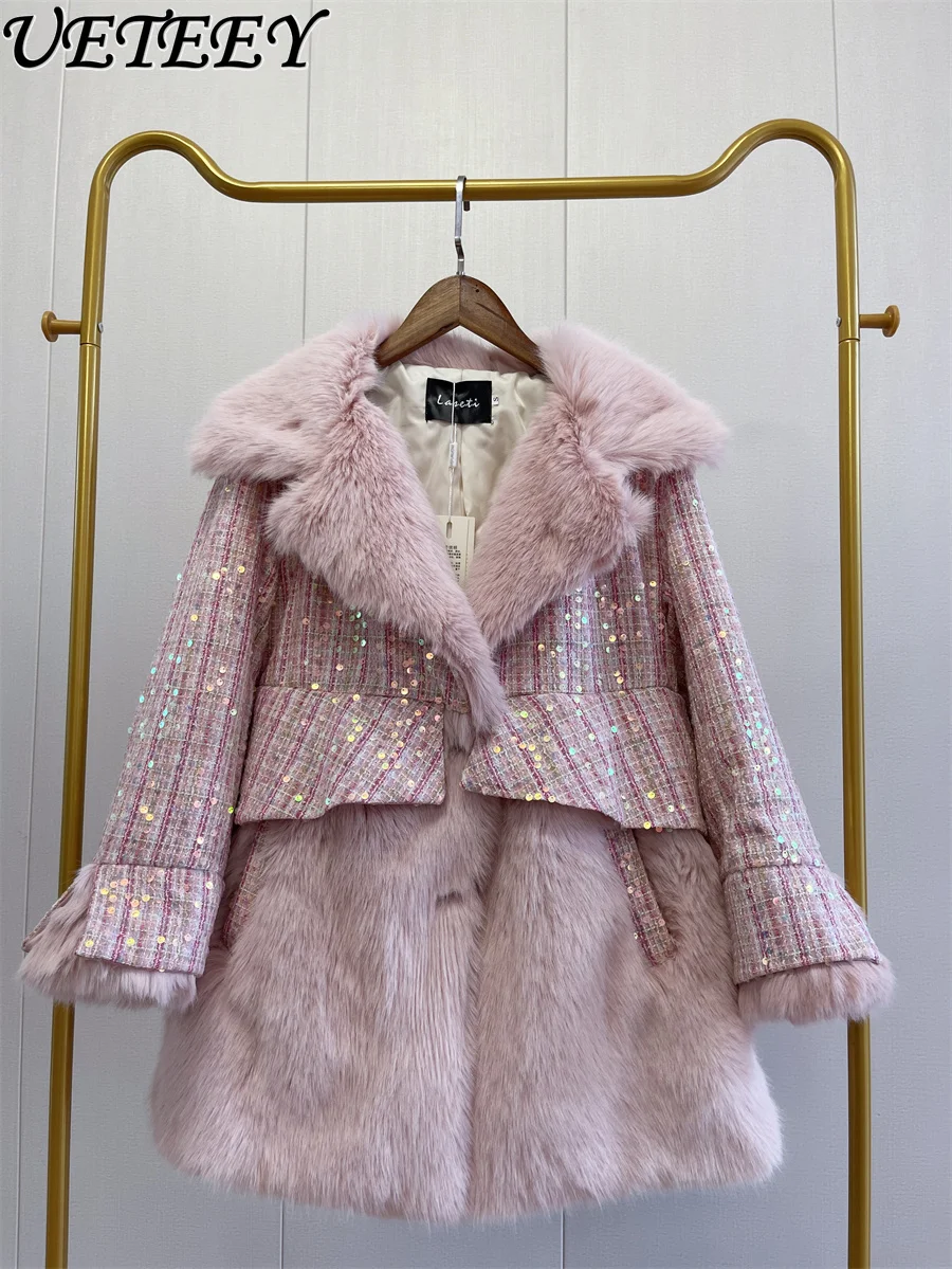

Elegant Suit Collar Faux Fur Tweed Coat Warm Thick Mid-Length Toka Furry Coats Shiny Sequins Leather Fur Jacket Winter Clothes