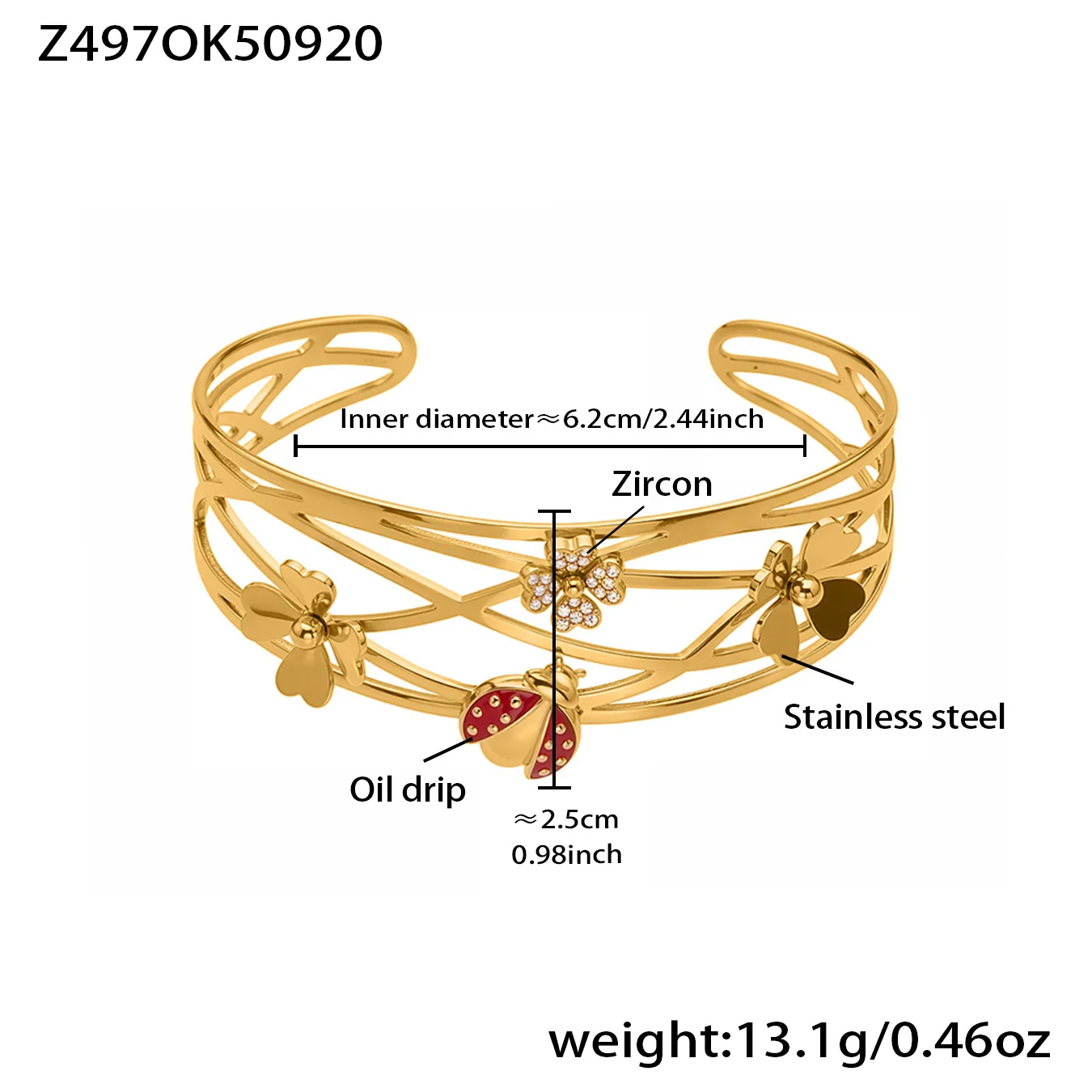 Mehrschichtiger, glänzender Zirkon-Edelstahl-Vergoldeter Manschettenarmreif für Damen, rot, grün, Emaille, Käfer, Schildkröte, Seestern, Blumenarmband – Detail 1