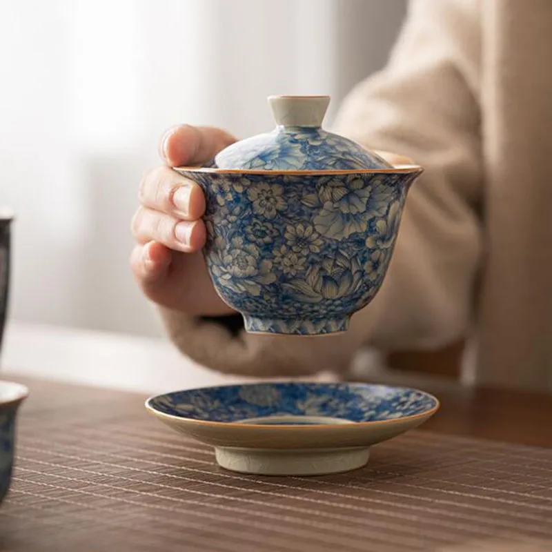Porcelain Flourishing Flowers Blue Color Tea Tureen Tea Cup Set Kungfu Cup Infuser Tool Teaware Set Kitchen Drinkware