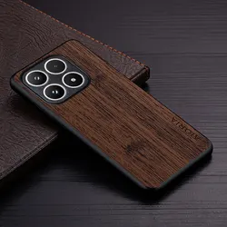 Luxury Bamboo Wood Pattern Leather Phone Case Cover for Xiaomi 14 Pro (Coffee)