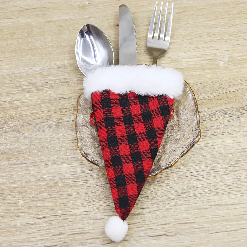 2 Pcs/pack 19cm Plush Checkered Cloth Knife Fork Bag Desktop Tableware Decoration Christmas New Year Decoration Props DIY
