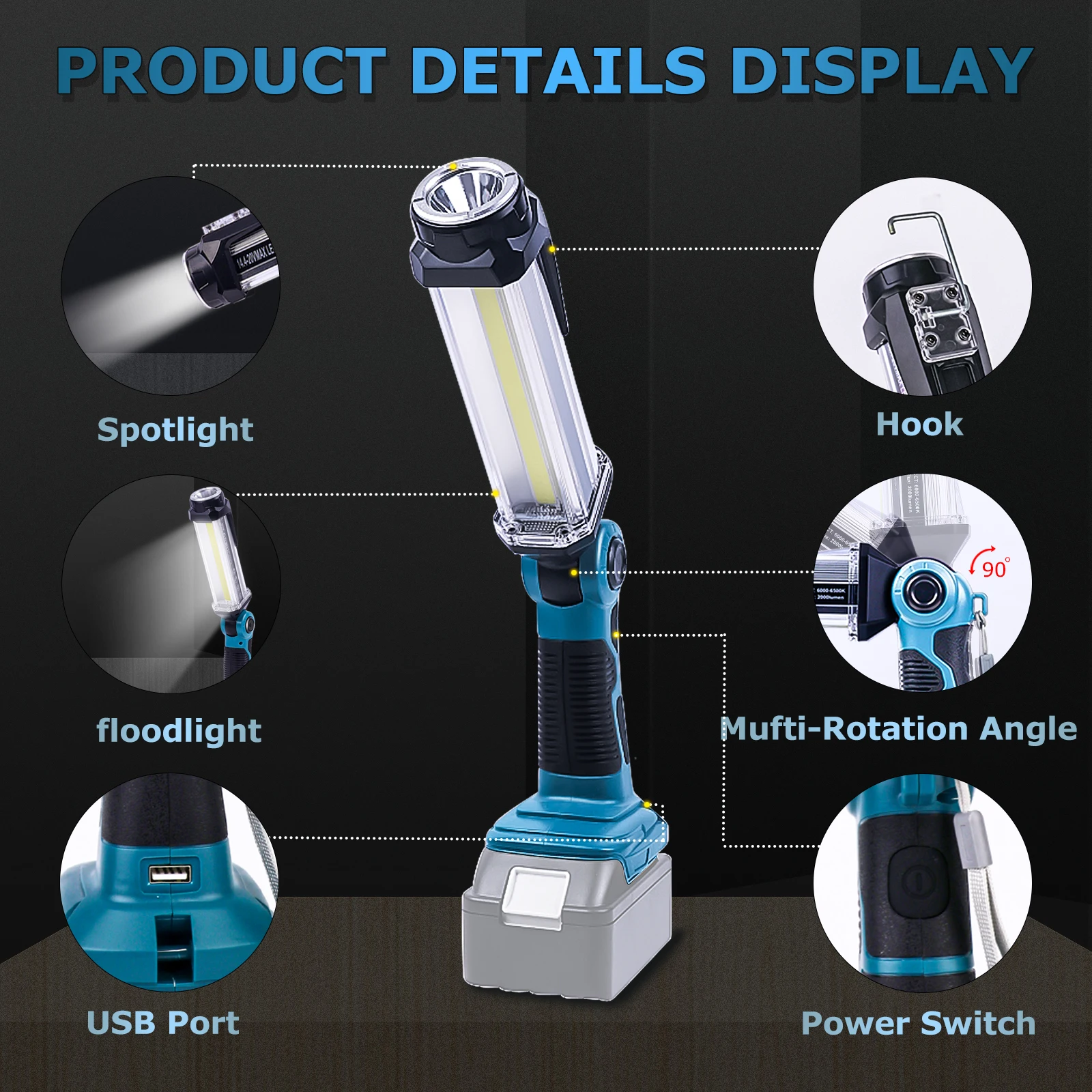 2000LM Cordless LED Work Light For Makita 18V Battery Outdoor Flashlight Portable Camping Lanterns with Hook (No Battery)