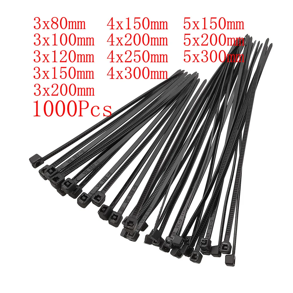 1000pcs Selflocking Nylon Cable Tie Black Multipurpose Home Office
