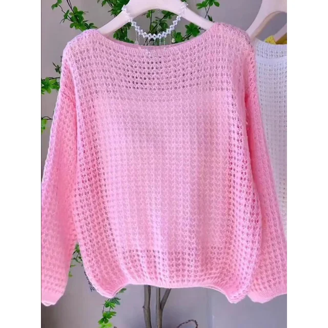 Spring and Summer Thin Hollow Long Sleeve Knitted Sweater for Women, Loose Breathable Vintage Design Top 1