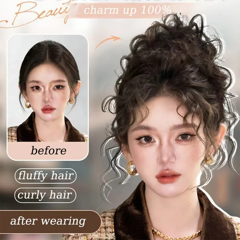 합성 곱슬머리 번 익스텐션 가발 웨이브 곱슬머리 시뇽 번 고무줄 포함 여성용 풍성한 헤어피스 데일리 파티용