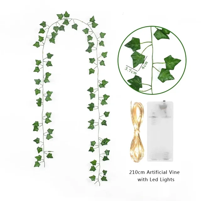 Guirlande lumineuse LED de 2 mètres, vigne verte artificielle, maison, noël, mariage, jardin de mariée, plantes vertes suspendues, décoration de fête DIY 5