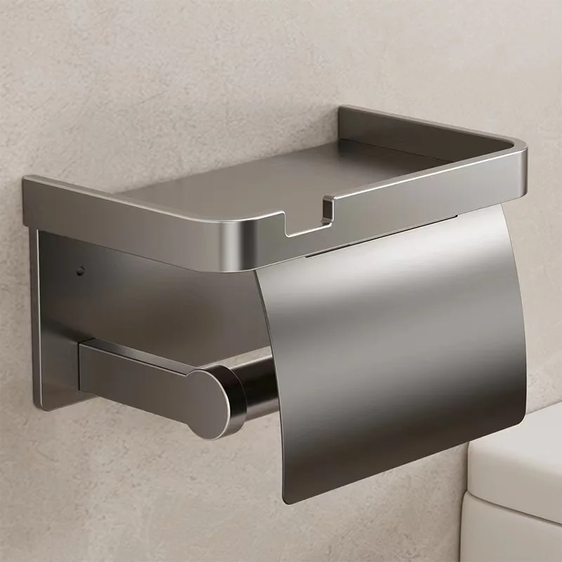 Wall Mounted Toilet Paper Holder with Storage Tray Phone Holder Aluminum Bathroom Paper Towel Holder Bathroom Accessories