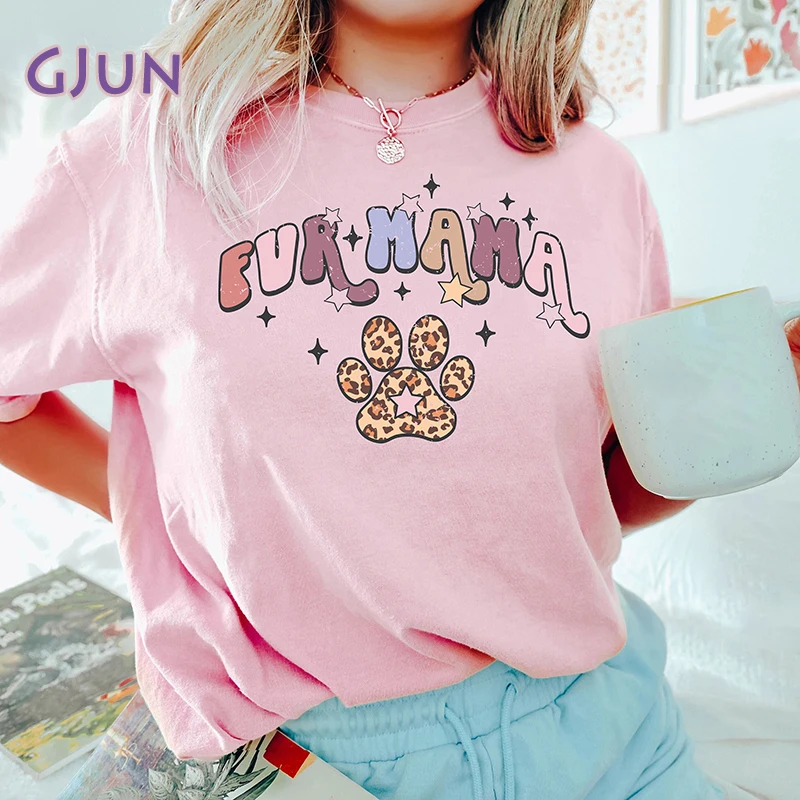 

Fur Mama Dog Comt Colors Dog T-Shirt Summer Graphic T Shirts Short Sleeve Cotton Tee Shirt Women's Clothing