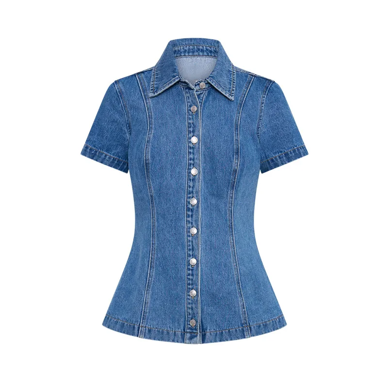 Elegant Two Pieces Skirt Set Women Denim Blue Short Sleeve Top Wrap Hip Mini Skirts Suits 2025 Spring New in Matching Outfits