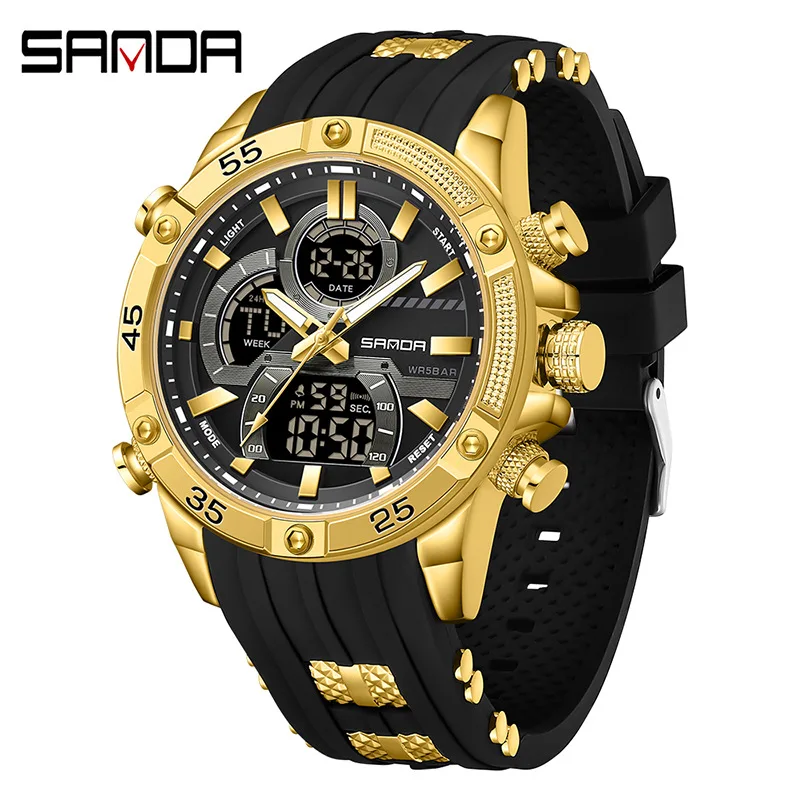 

SANDA 6162 Men's Electronic Watch Creative Sports Waterproof Luminous Chronograph Pointer Digital Dual Display Wristwatches