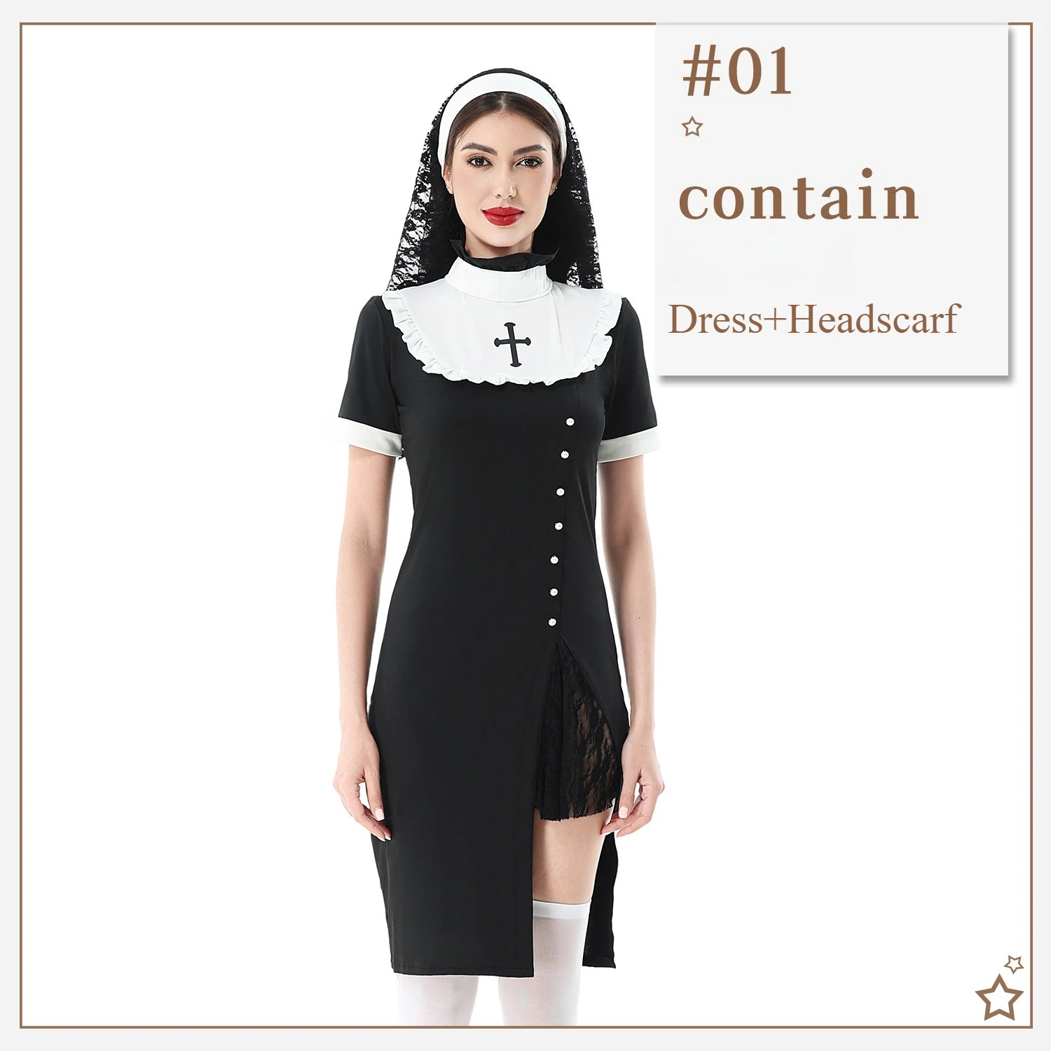 Halloween Costume Female Black Nun Uniform Gothic Vampire Cosplay Costume Crucifix Theme Party Rave Carnival Fancy Outfit Pretty